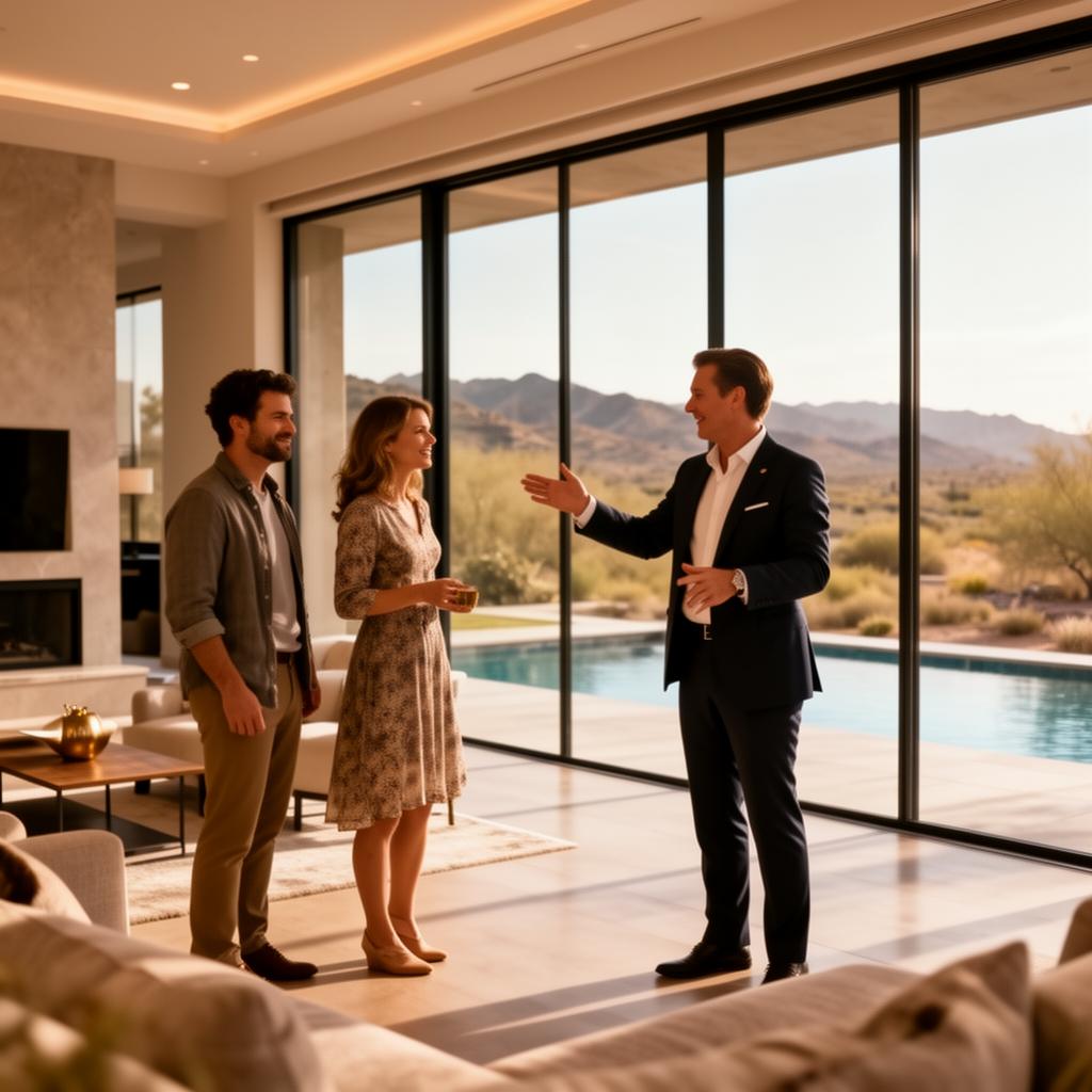 Real estate agent showing a luxury modern home to a couple